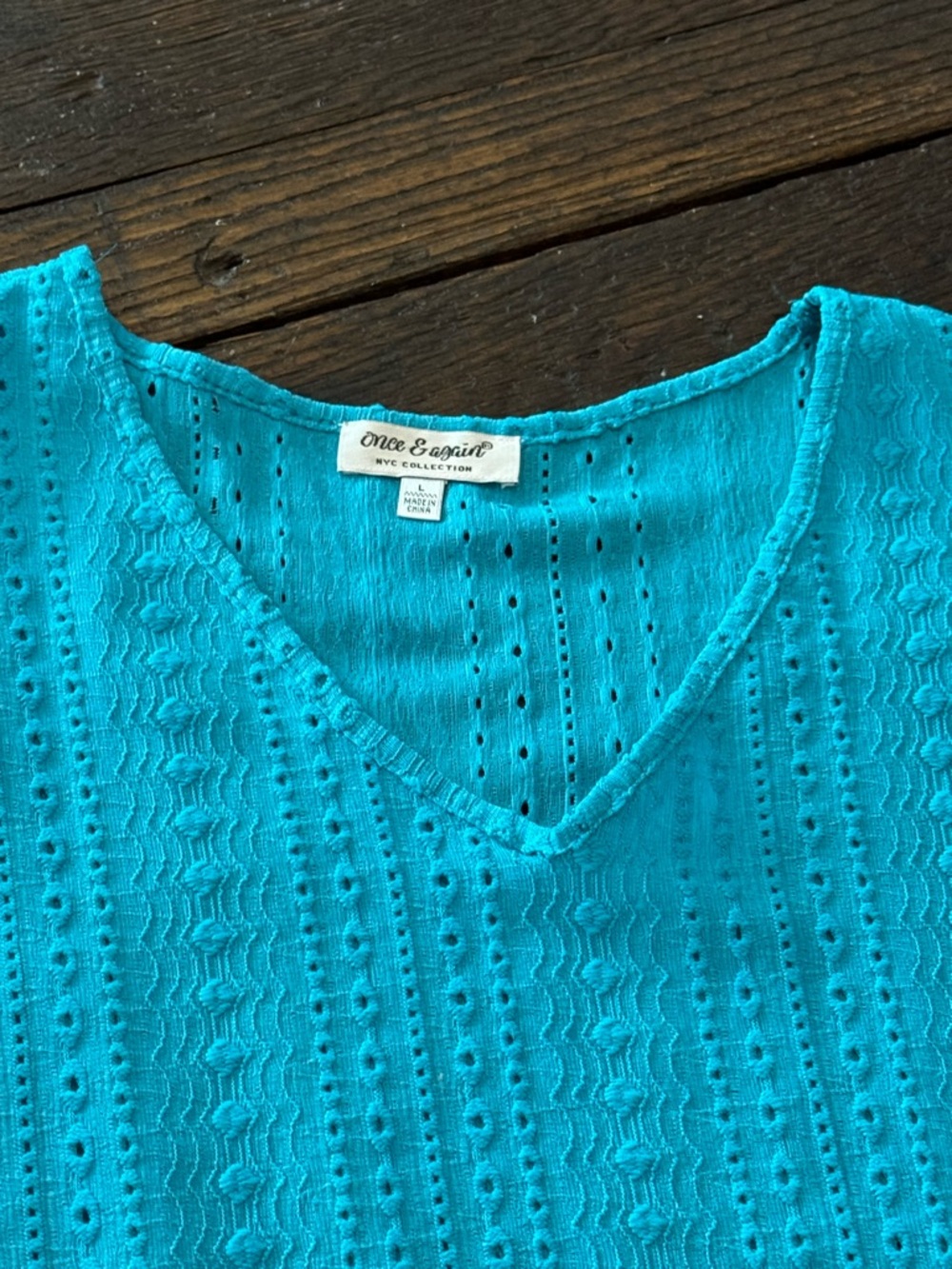 Turquoise Eyelet V-Neck Blouse Short Sleeve Shirt Womens Size Large